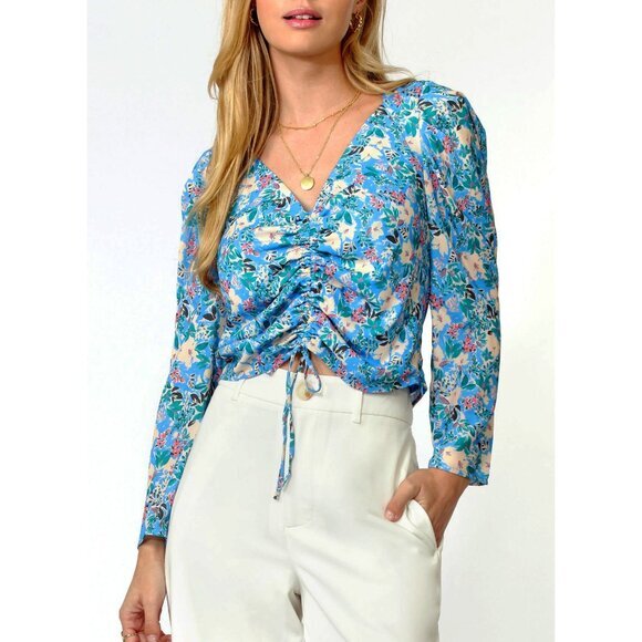 2/$30 New Greylin Ellie Floral Ruched Blouse Capri Blue Medium $100 - Picture 1 of 5